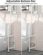 3-Tier Over The Toilet Storage, Freestanding Metal Bathroom Shelves with 4 Hooks, Over Toilet Storage Shelf with Paper Holder, Above The Toilet Shelf for Bathroom Storage, White