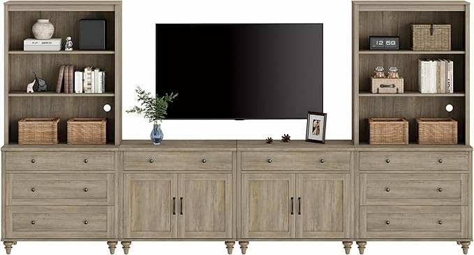 WAMPAT Entertainment Center with Bookshelves for TVs up to 75", Farmhouse Wall Unit TV Stand with Doors & Drawer, Media Console Table for Living Room, Bedroom & Home Theater, Wash Grey