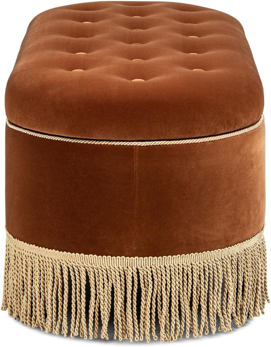 Jennifer Taylor Home 48.5" Oval Tufted Bullion Fringe Storage Bench, Bur...