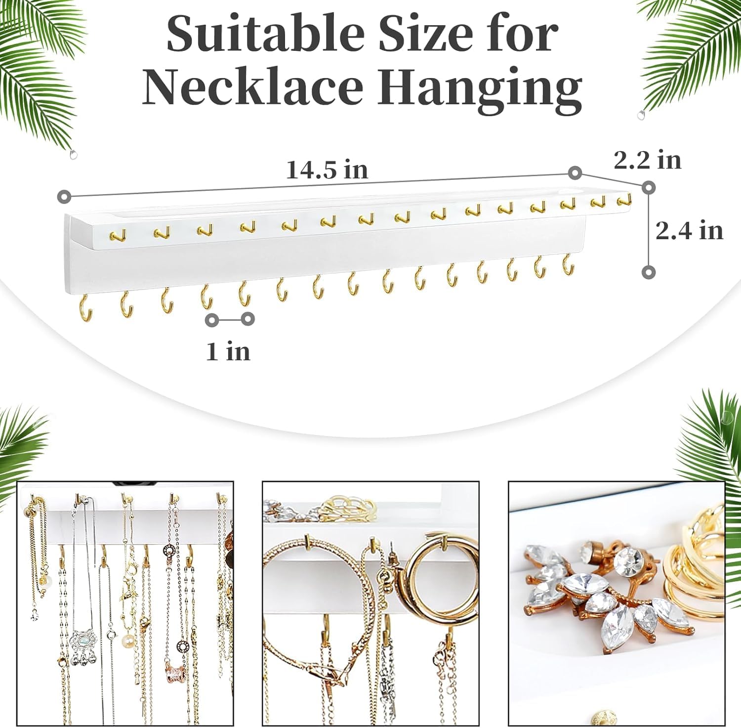 YYILIS Necklace Holder, Upgraded Extra Large Wall Necklace Organizer with 30 Hooks Wall Mounted Necklace Hanger with Jewelry Tray/Cosmetics Shelf Rustic Pine Wood Holder (2 Pack-Double White)