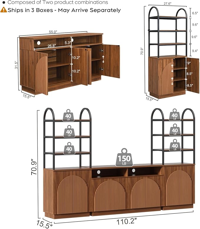 Yechen 110" Modular Entertainment Center with Bookshelves for up to 55", Mid Century Modern TV Stand with Storage, TV Cabinet with Open Shelves and Adjustable Shelves, Living Room, Walnut Oak (3 PCS)