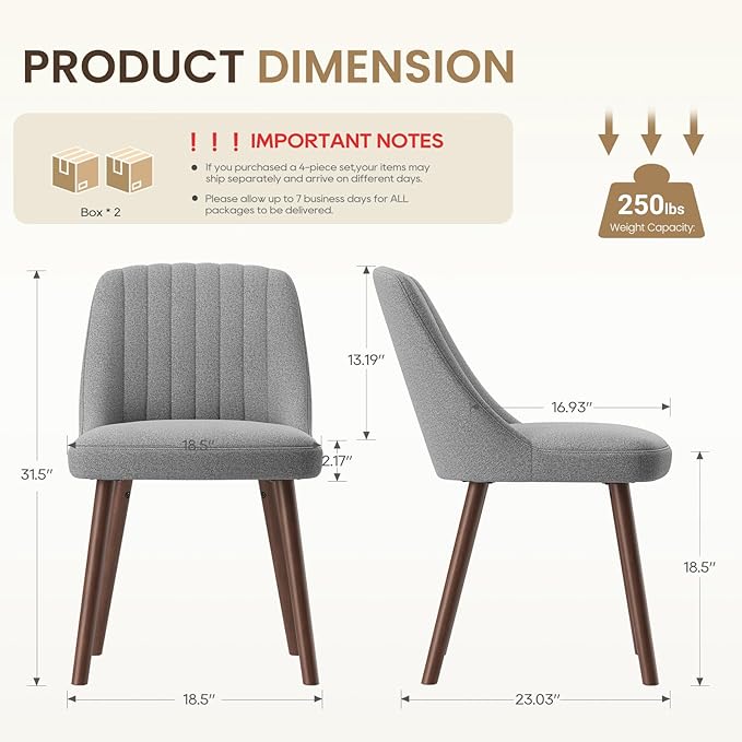 Upholstered Dining Chairs Set of 4, Modern Fabric Kitchen Chairs with Back, Wood Legs for Kitchen Dining Room Restaurant, Grey