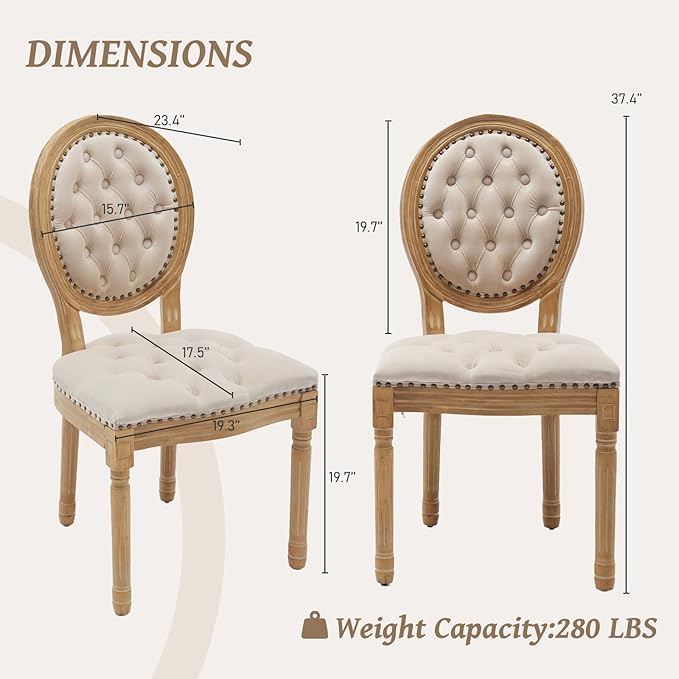 French Country Dining Chairs Set of 4,Farmhouse Upholstered Dining Room Chairs with Tufted Round Back&Solid Leg,Velvet Kitchen Side Chairs for Kitchen/Bedroom/Dining Room,Beige