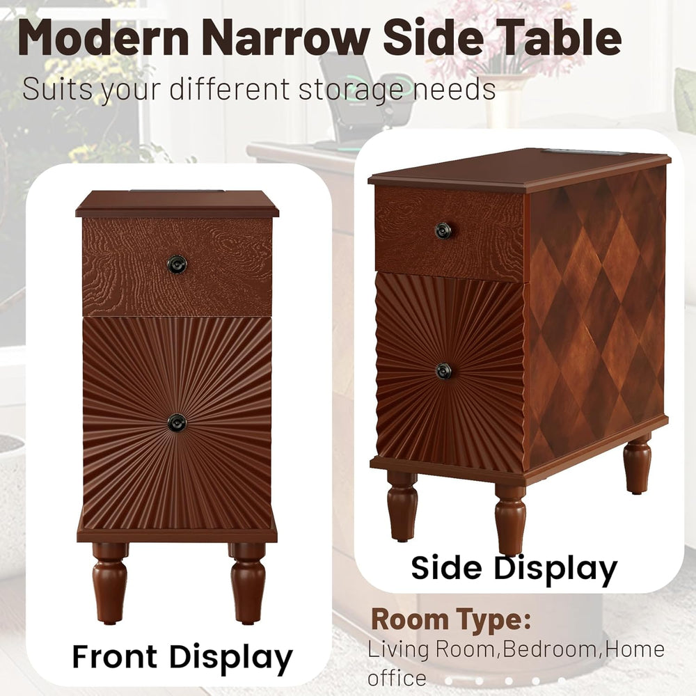 Wood End Table with Charging Station, Fully Assembled Slim Side Table with Dr...