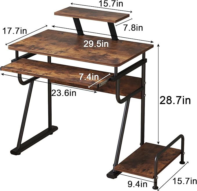 Gaming/Computer Desk, Home Office Small Desk with Monitor Stand, Rustic Writing Desk, Dismountable Computer Tower Stand, Adjustable Storage Space, Modern Design Corner Table