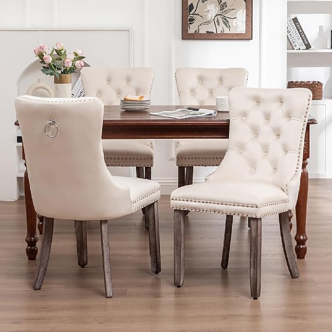 Kiztir Velvet Dining Chairs Set of 4, Upholstered Dining Room Chairs with Ring Pull Trim and Button Back, Luxury Tufted Dining Chair for Living Room, Bedroom, Kitchen (Beige)