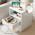 VOWNER Fluted Nightstand with Charging Station, 18” RGB Night Stand with 2 Drawers, End Table with Storage Shelf, Curved Profile Design Side Table, Bedside Table for Bedroom Living Room, White