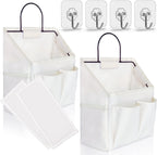 2pcs Small Wall Hanging Organizer Bag, Linen Fabric Door Hanging Storage Basket with Pockets, Waterproof Bin for Kitchen, Bedroom, Office, RV Camper (White)