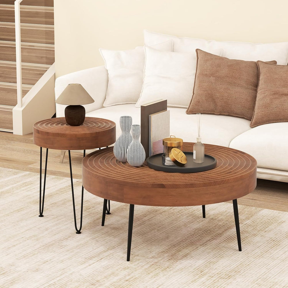 Giantex Boho Round Coffee Table Set of 2, Sofa Side Nesting Table with Solid ...
