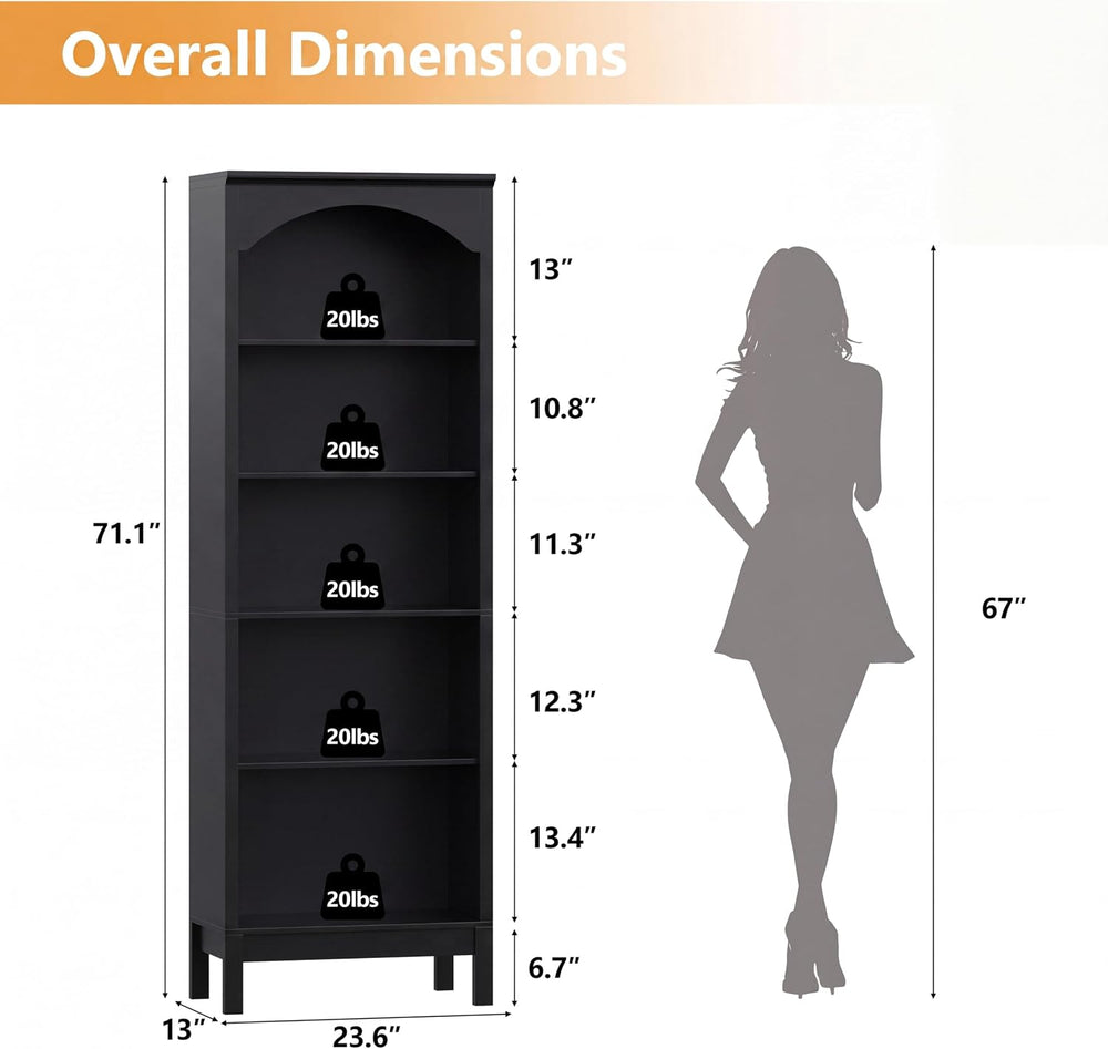 Arched Bookshelf,5 Tier Tall Bookcase with Adjustable Shelves for Storage