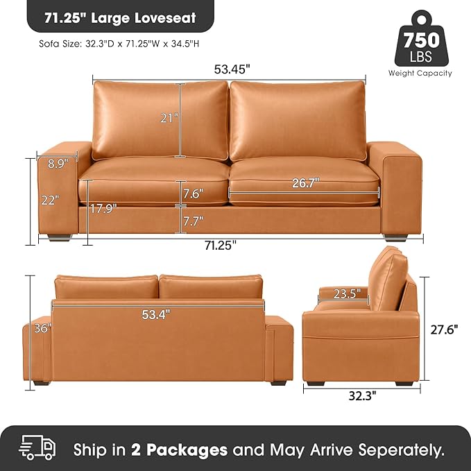 Faux Leather Couch, Mid Century Modern Comfy Loveseat Sofa with Wide Arm, Side Pockets, Solid Wooden Frame for Office, Living Room and Bedroom, 2 Seater (Brown, 71.25 Inches)