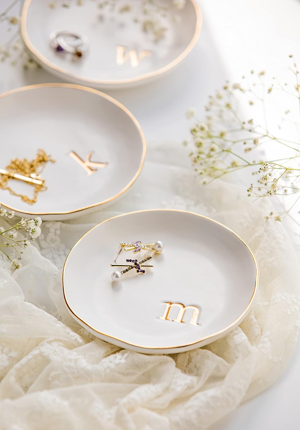 COLLECTIVE HOME - Ceramic Jewelry Tray, Decorative Trinket Dish for Rings Earrings Necklaces Bracelet Watch Keys, Birthday Mother's Day Christmas Gift for Women, 4.75", White Surface (O)