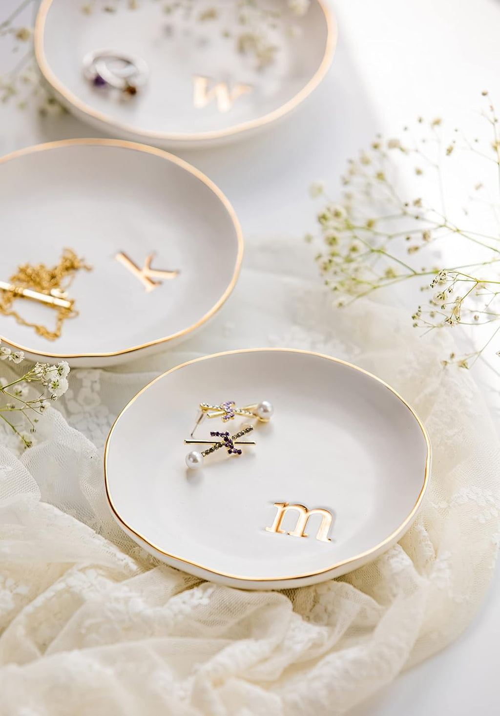 COLLECTIVE HOME - Ceramic Jewelry Tray, Decorative Trinket Dish for Rings Earrings Necklaces Bracelet Watch Keys, Birthday Mother's Day Christmas Gift for Women, 4.75", White Surface (C)