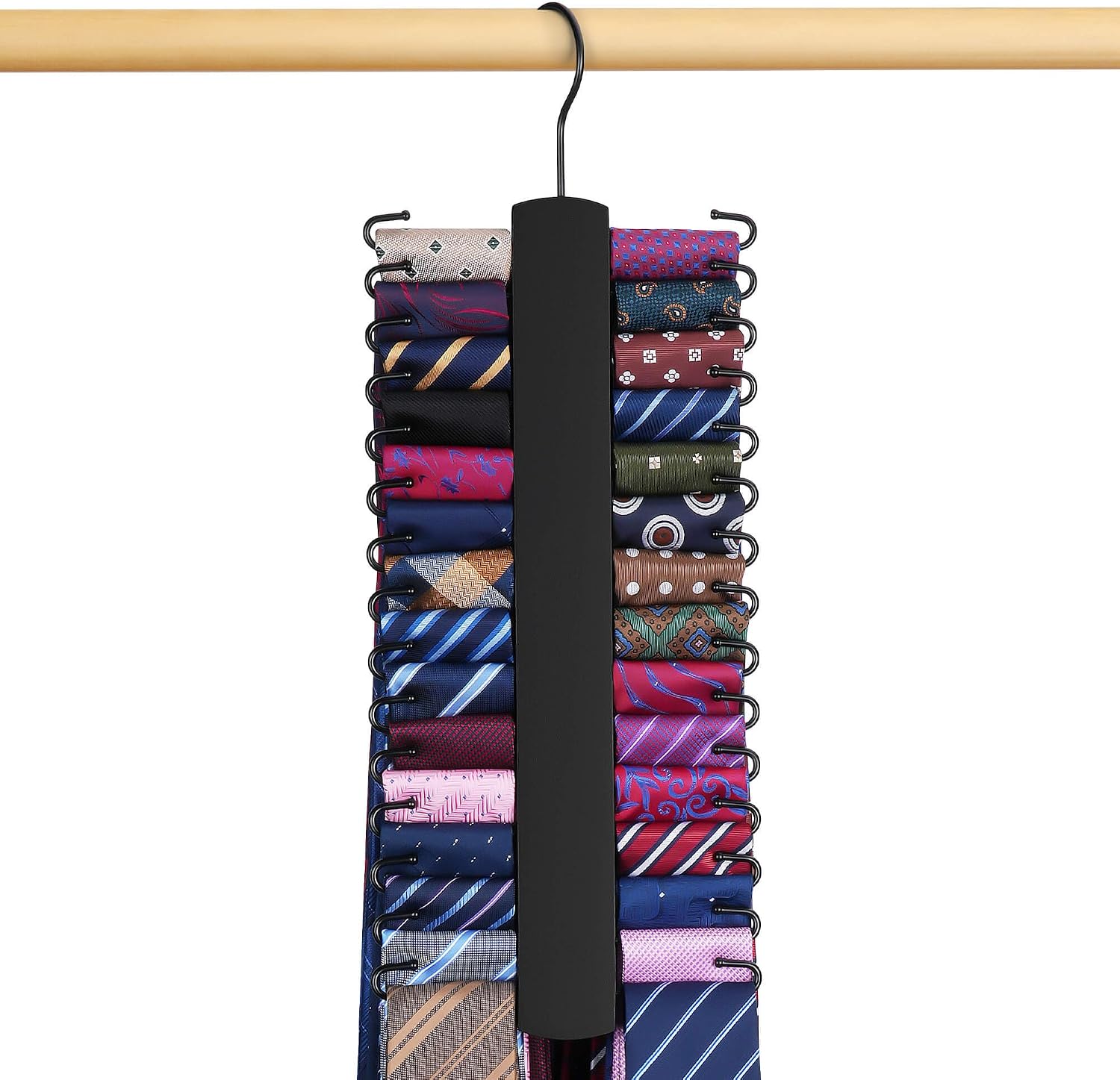 Upgraded Tie Rack Hanger for Closet with 30 Metal Hooks, Space Saving Necktie Organizer for Men, Sturdy Wooden Large Capacity Tie Holder, Closet Organizers and Storage, Black