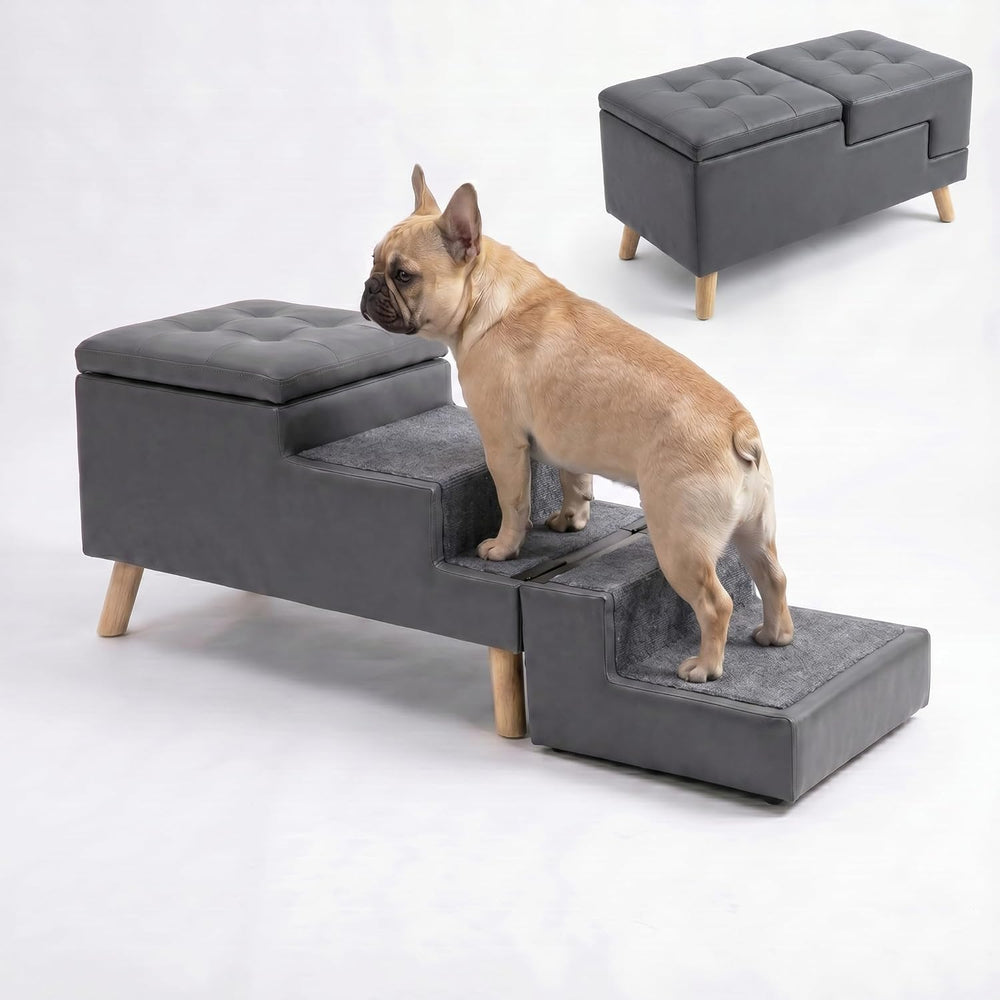 19.7" H Leather Dog Stairs for Large Dogs 3-in-1 Dog Stairs&Ottoman