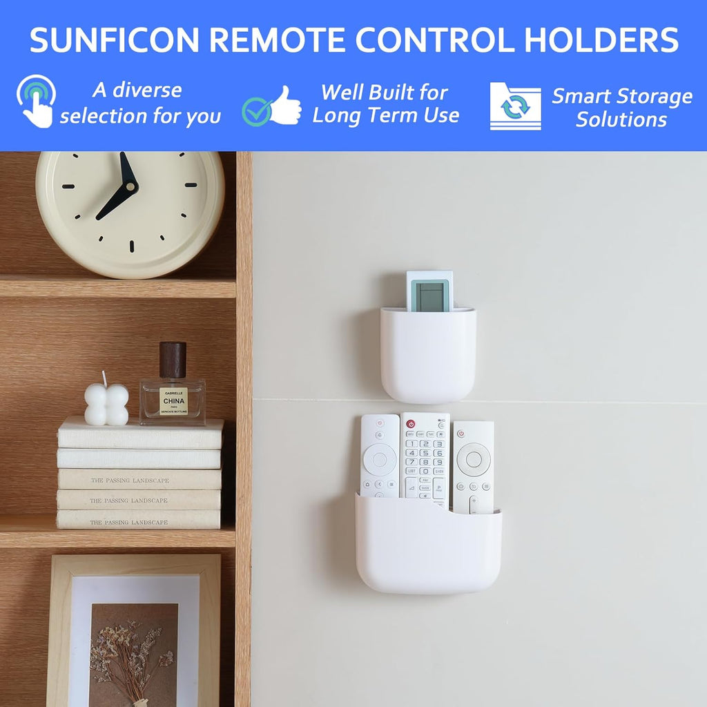 SUNFICON Remote Holder Wall Mount TV FAN Remote Control Holder Bedside Caddy Wall Organizer Phone Holder for Office Adhesive Media Player Controller Holder Box Tray Home Desk Nightstand White 6 Small