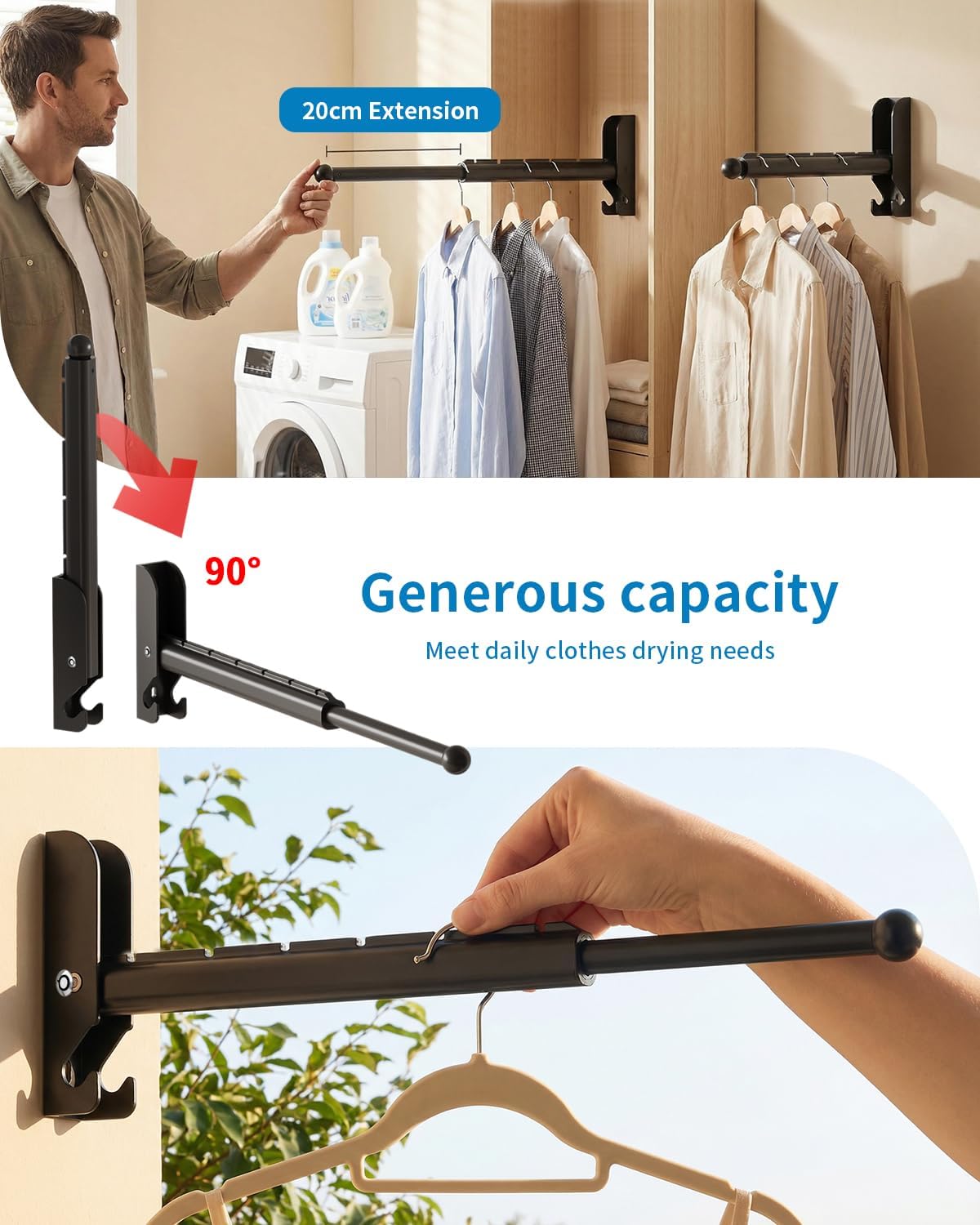 BaiNong Wall Mounted Drying Rack 13" Foldable Clothes Hanger Black Pull-Out Clothes Drying Rod for Laundry, Closets, Rntryway (1, 13" Black)