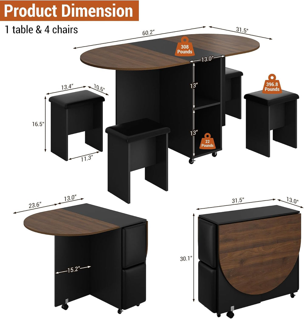 5 PCS Farmhouse Dining Table Set for 4,60" Large Round Folding Dining Ta...