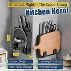 Wall Mounted Knife & Cutting Board Holder – Self-Adhesive Pot Lid and Utensil Organizer with 4 Slots for Knives, Scissors & Kitchen Tools | Space-Saving Under Cabinet Storage Rack