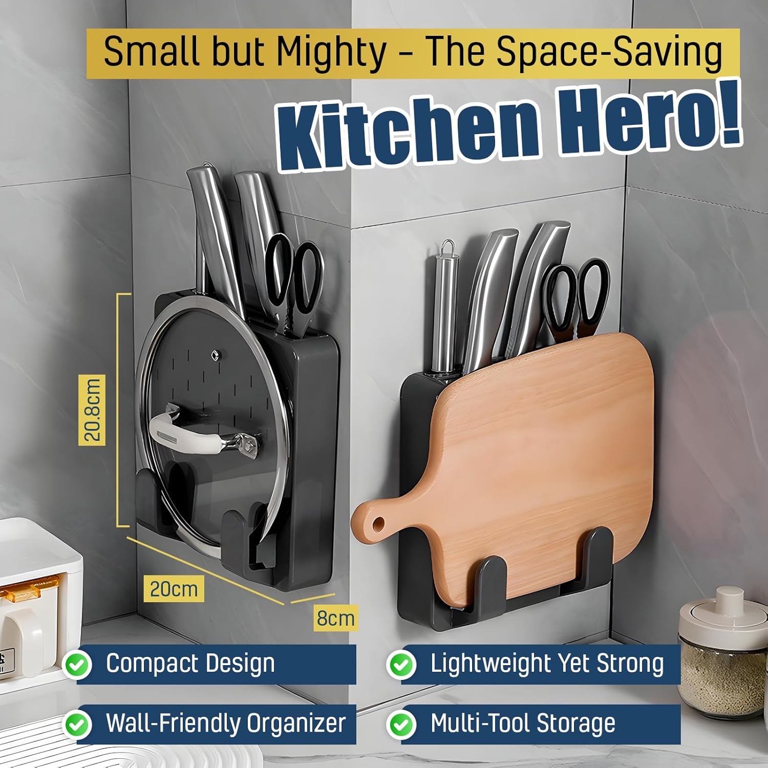 Wall Mounted Knife & Cutting Board Holder – Self-Adhesive Pot Lid and Utensil Organizer with 4 Slots for Knives, Scissors & Kitchen Tools | Space-Saving Under Cabinet Storage Rack