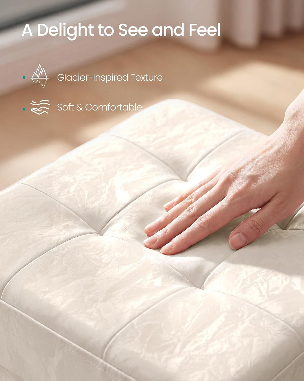 SONGMICS Storage Ottoman, Textured PU Leather Footstool, Foldable Footrest with Cushion, for Living Room and Bedroom, 15 x 15 x 15 Inch, White, Minota Collection ULSF522WD01
