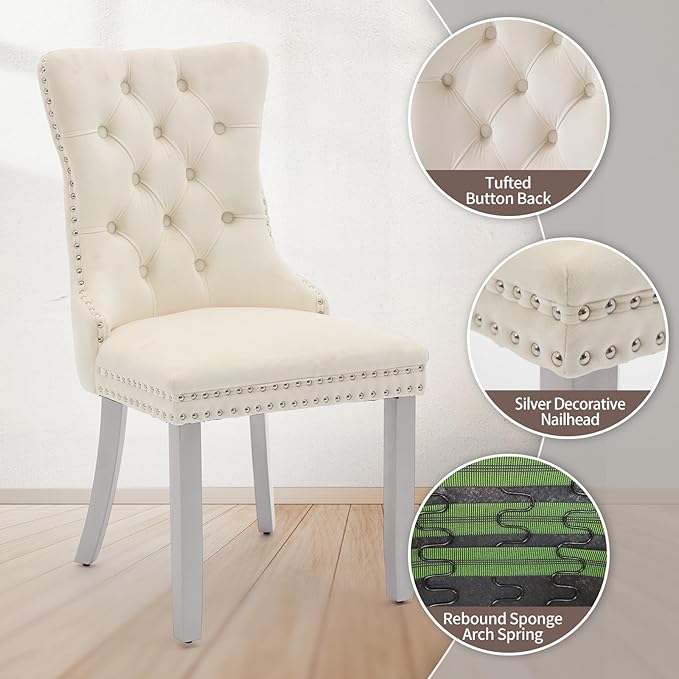 Velvet Dining Chairs Set of 4, High-end Tufted Upholstered Dining Chair with Back Ring Pull, Nailhead Trim and Silver Solid Wood Legs, Modern Dining Room Chairs for Dining Room, Cream