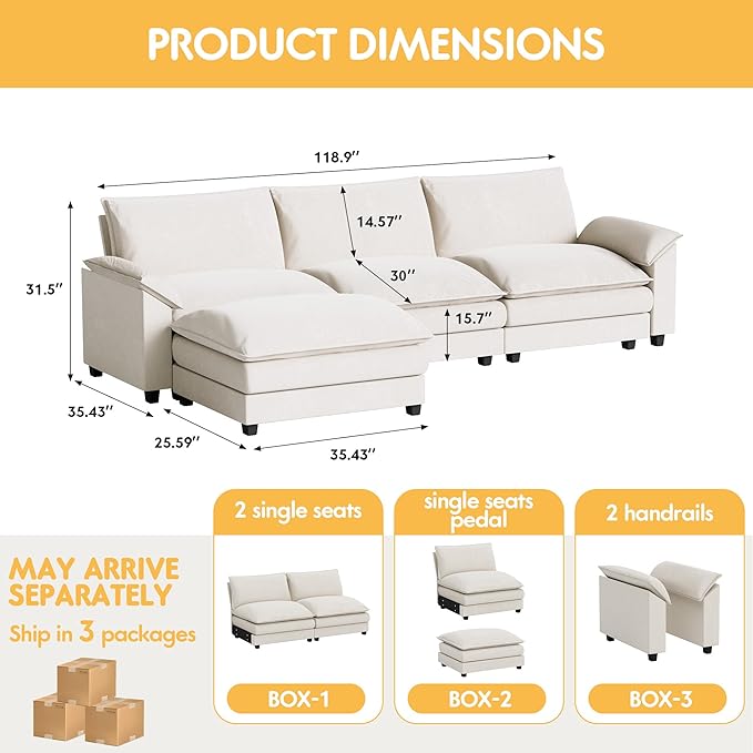 Homall Modular Sectional Sofa, Loveseat Sofa Couch with Reversible Ottoman, DIY Combination Chenille Deep Seat Cloud Couch for Living Room, Apartment (White, L Shaped Sofa)