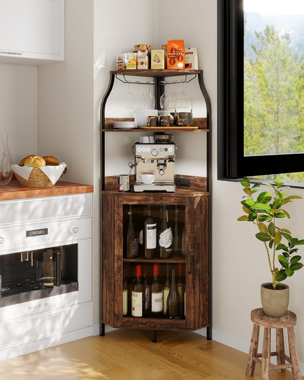 Garvee 68-Inch Corner Bar Cabinet with LED Lights and Outlet, Freestanding Wi...
