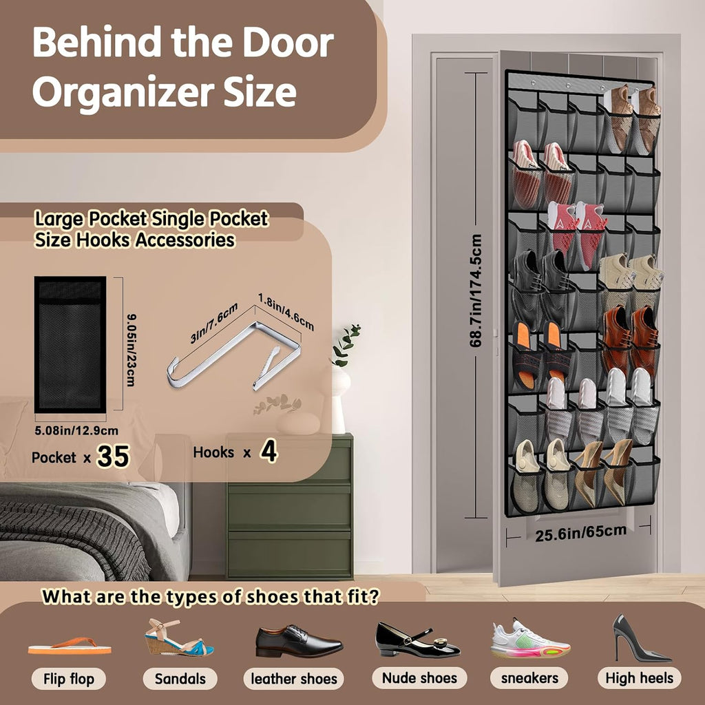 PAULONE 35 Pocket Over the Door Shoe Organizer,Reusable Breathable Large Mesh Bag Men's & Women's Sneaker Organizer,Shoe Organizer for Kids,Hanging Shoe Storage Hanging Bag (Gray)