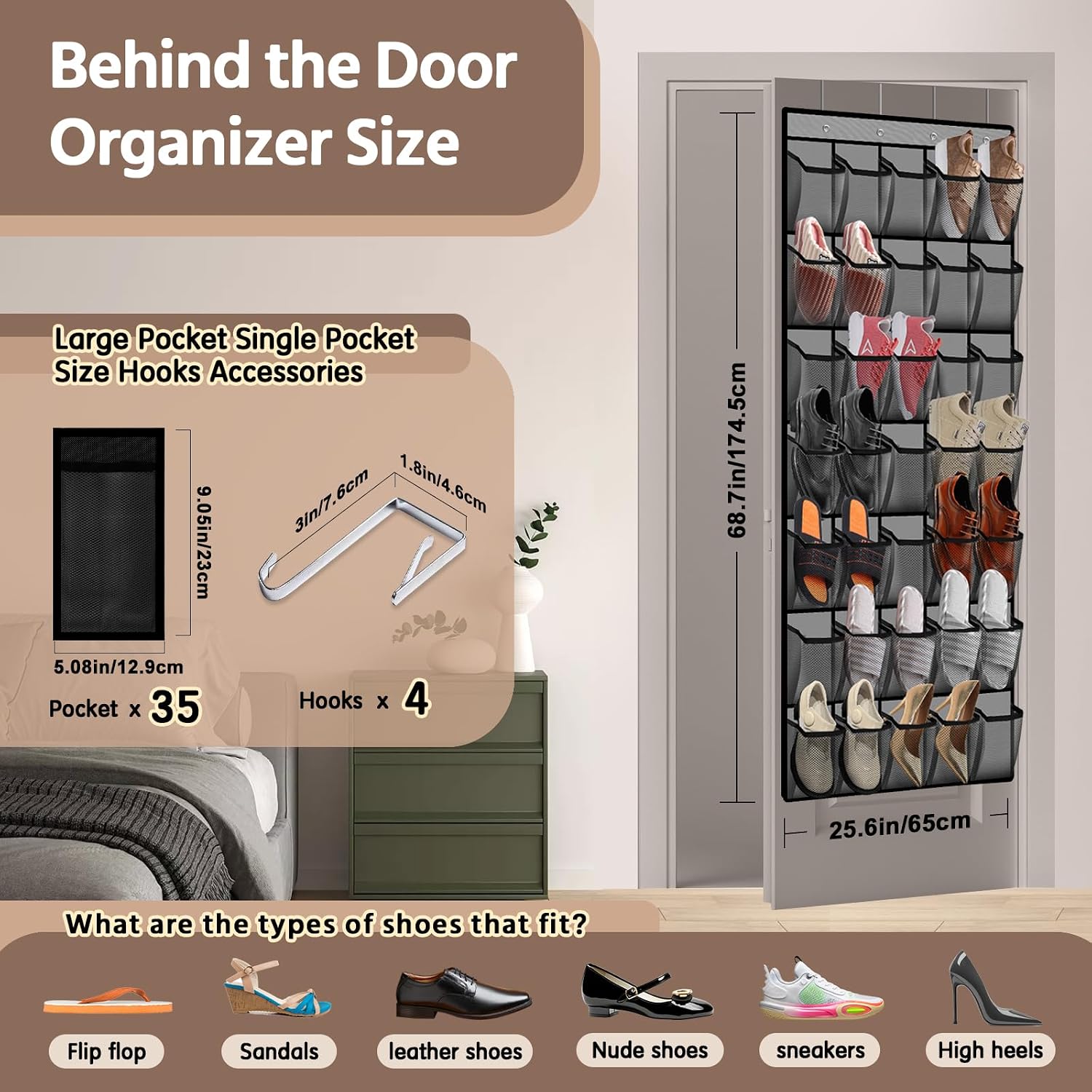 PAULONE 35 Pocket Over the Door Shoe Organizer,Reusable Breathable Large Mesh Bag Men's & Women's Sneaker Organizer,Shoe Organizer for Kids,Hanging Shoe Storage Hanging Bag (Gray)