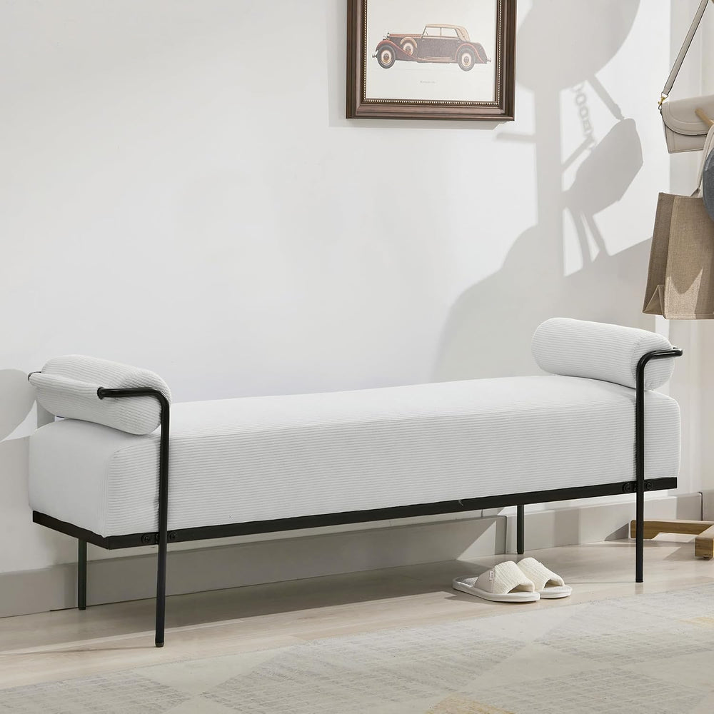 SOFTHION 61.2" End of Bed Bench, Corduroy Upholstered Entryway Bench, Wh...