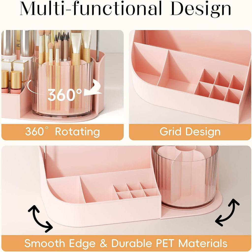 Rotating Makeup Organizer w/Makeup Brush Holder, 2 Tier Bathroom Countertop Organizers, Large Cosmetic Organizer Countertop, Vanity Organizers and Storage for Skincare, Lotion, Lipstick -Pink