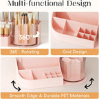 Rotating Makeup Organizer w/Makeup Brush Holder, 2 Tier Bathroom Countertop Organizers, Large Cosmetic Organizer Countertop, Vanity Organizers and Storage for Skincare, Lotion, Lipstick -Pink