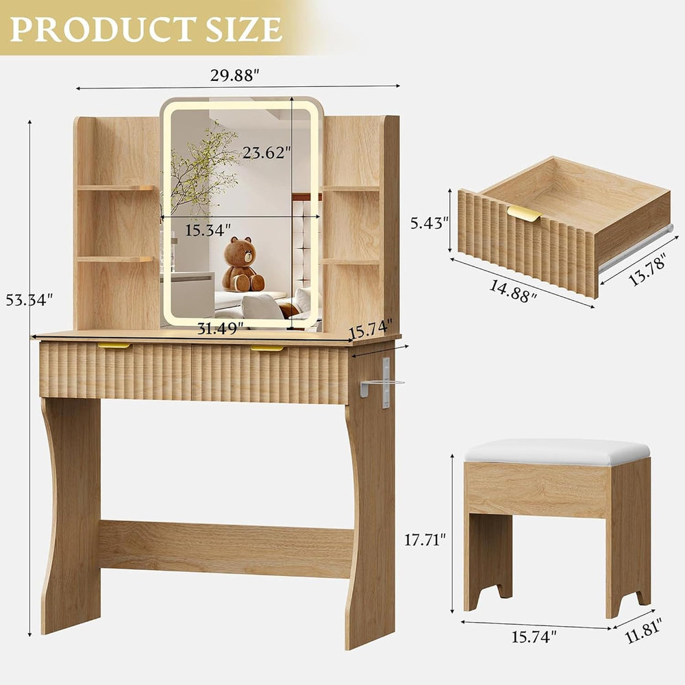 Vanity Desk with LED Lights Mirror & Power Outlet, Small Makeup Vanity Ta...