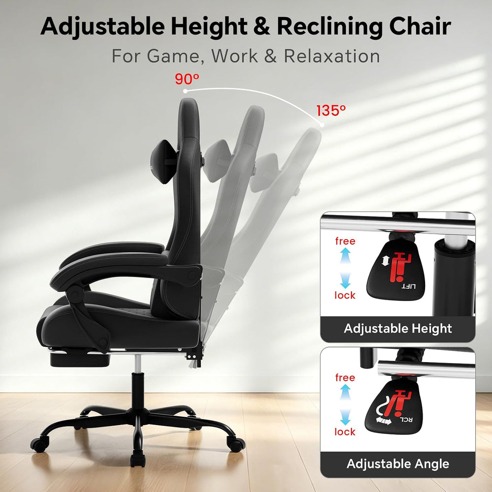 Gaming Chair, Computer Office Chair with Footrest, Adjustable Height & Ba...