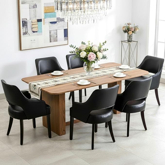 PU Leather Dining Chairs Set of 6 Upholstered Farmhouse Kitchen Chair Side Chairs Wood Accent Chair for Living Room/Dining Room/Bedroom/Restaurant, pgraded Size, Black