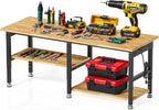 72”Heavy Duty Work Bench, 2-Layer Adjustable Workbench, 5000 LBS Capacity Work Bench with Power Outlet & Pegboard, Rubber Wood Work Table for Garage, Workshop, Office, Home