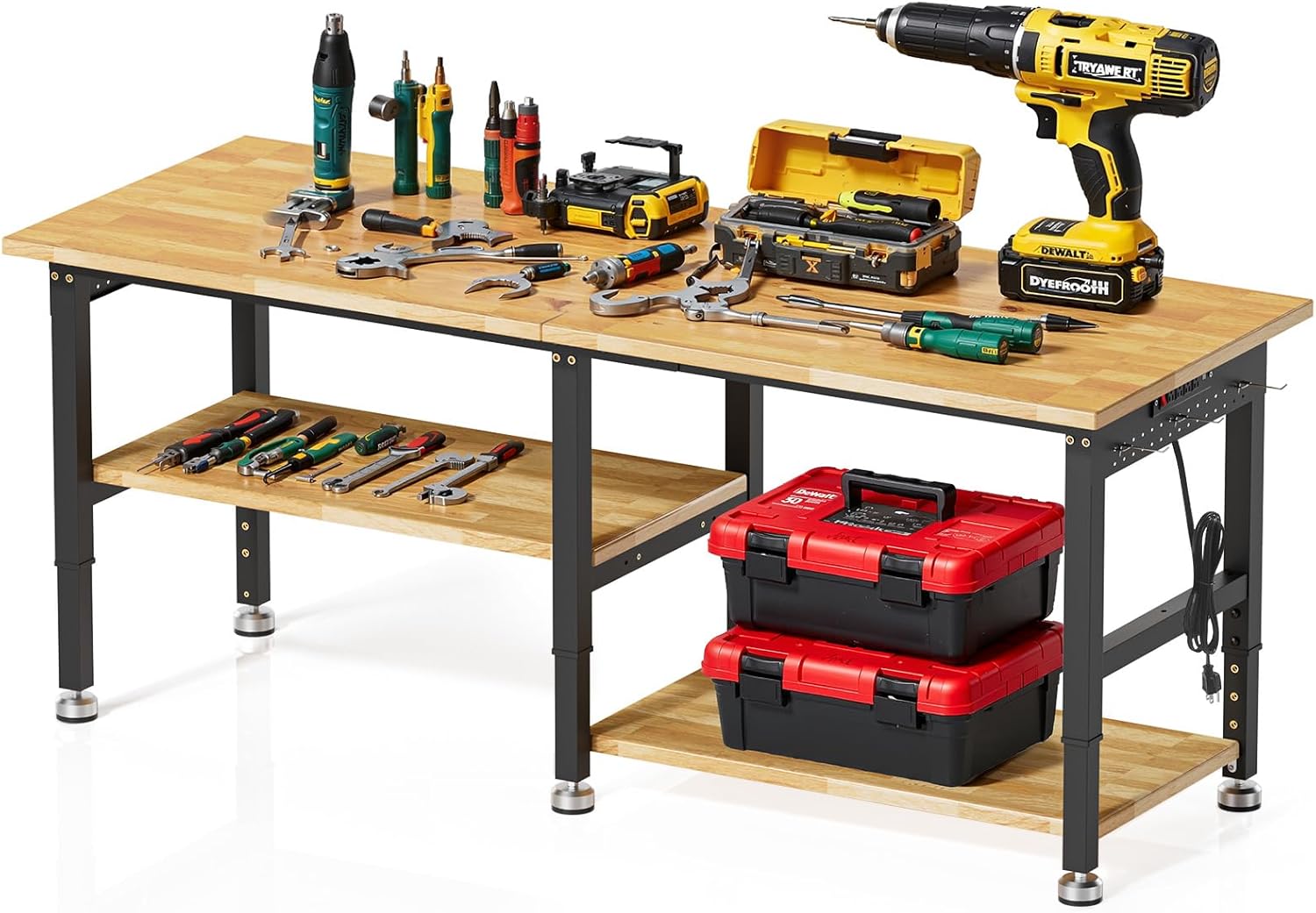 72”Heavy Duty Work Bench, 2-Layer Adjustable Workbench, 5000 LBS Capacity Work Bench with Power Outlet & Pegboard, Rubber Wood Work Table for Garage, Workshop, Office, Home