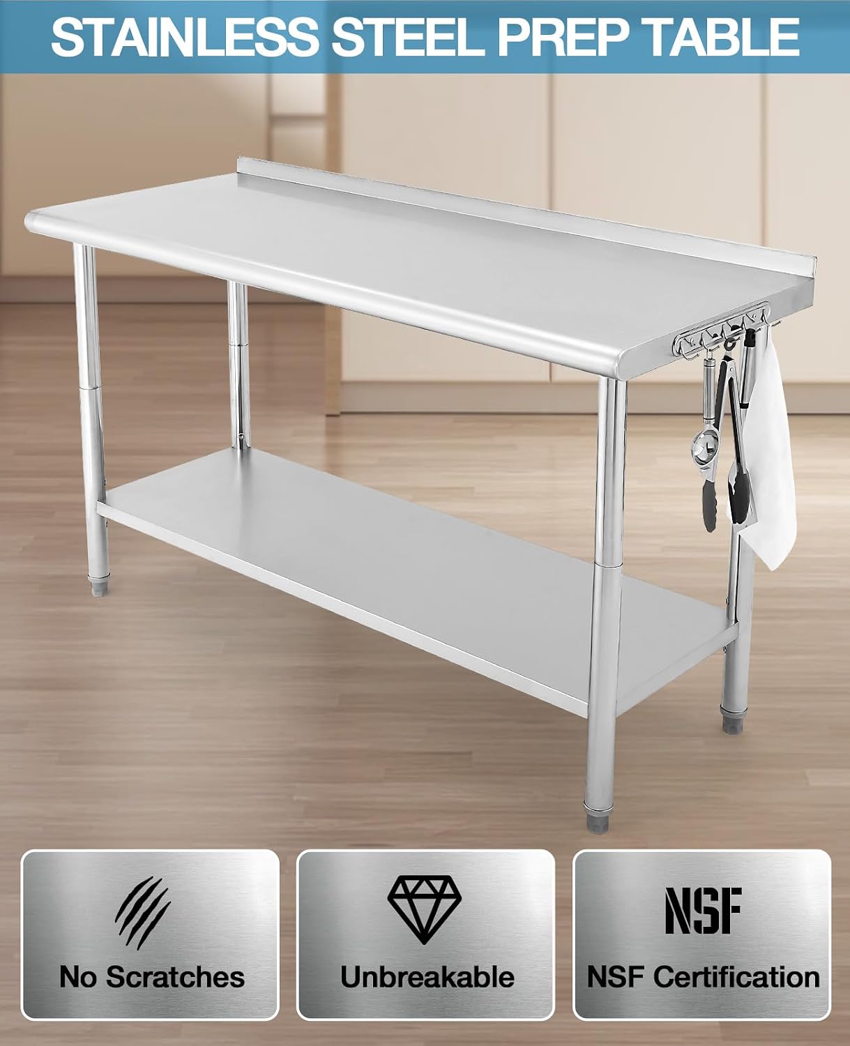 GarveeTech 60 in x 24 in Stainless Steel Prep Table, NSF Metal Work Table with Backsplash, Adjustable Undershelf, 5 Hooks, Heavy Duty Workbench Workstation for Home Kitchen Restaurant