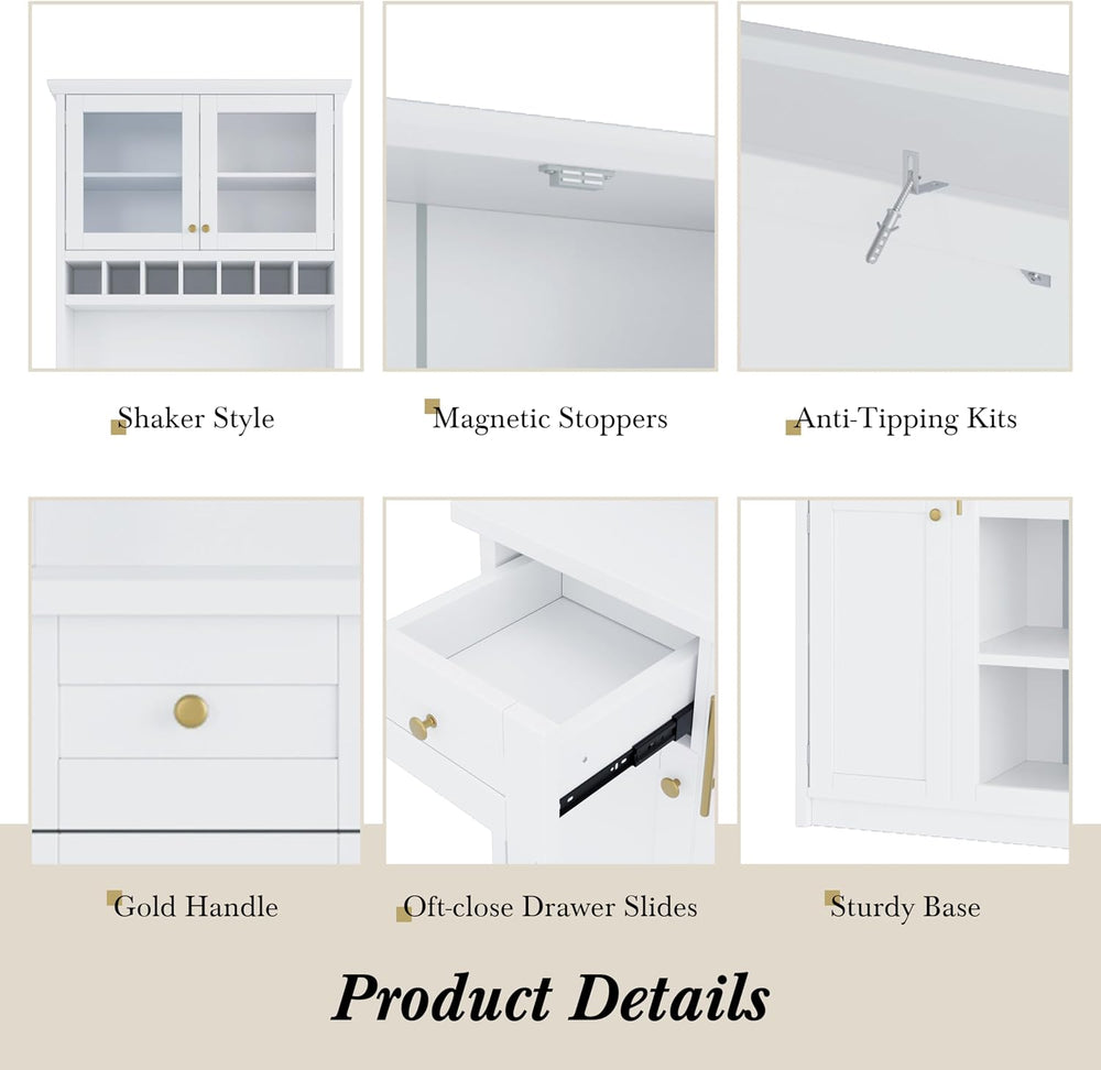 LUMISOL Farmhouse Kitchen Pantry Cabinet with Wine Rack, Freestanding Buffet ...