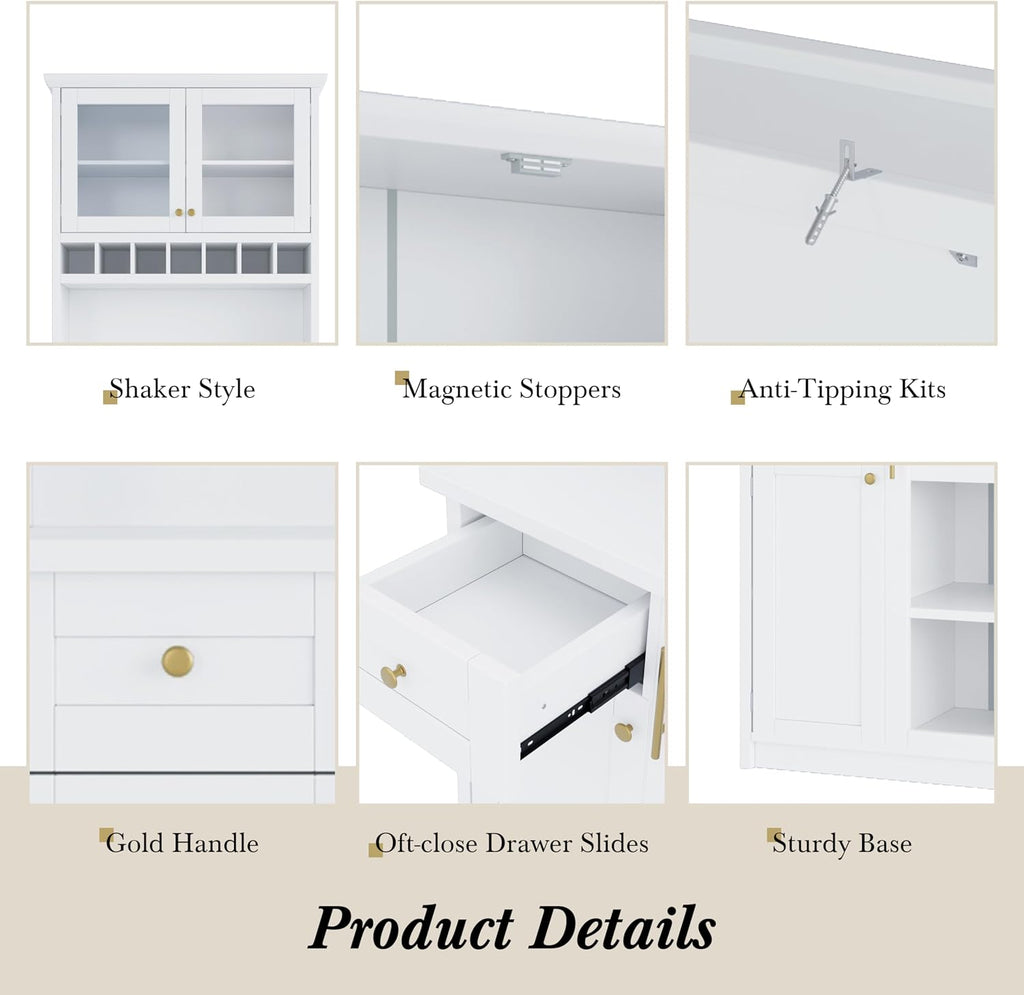 LUMISOL Farmhouse Kitchen Pantry Cabinet with Wine Rack, Freestanding Buffet with Hutch and Adjustable Shelves, Kitchen Hutch with Pull-Out Bottle Trays for Dining Room, 35.4x17.7x74.8 in, White