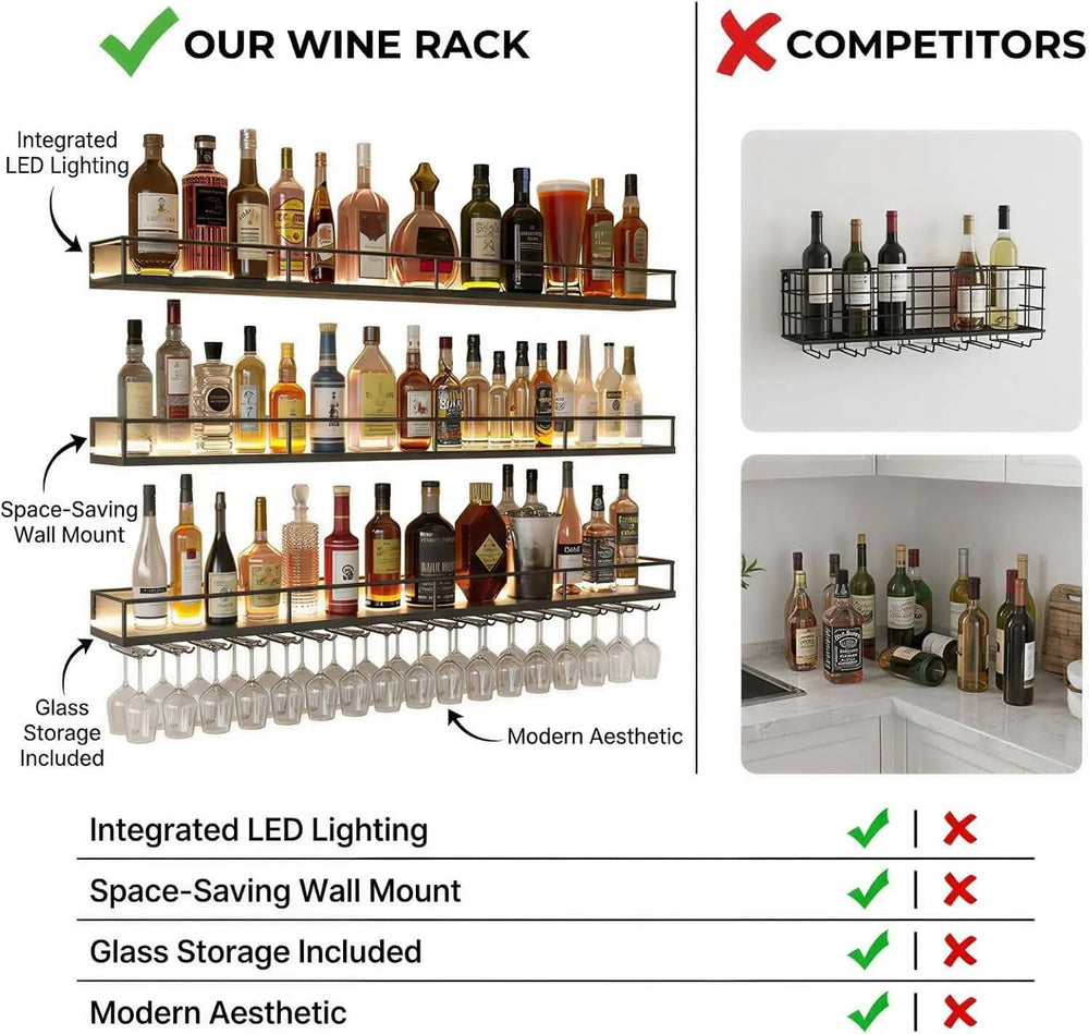 55.1" Wall Mounted Wine Rack with Lights, 3-Tier Floating Bar Shelf | Ho...
