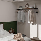 Clothes Rack 48in, Wall Mounted Garment Racks with Real Walnut Wood Shelf, Heavy Duty Hanging Clothes Rack, Multi-Purpose Hanging Rod, Space-Saving Closet Storage