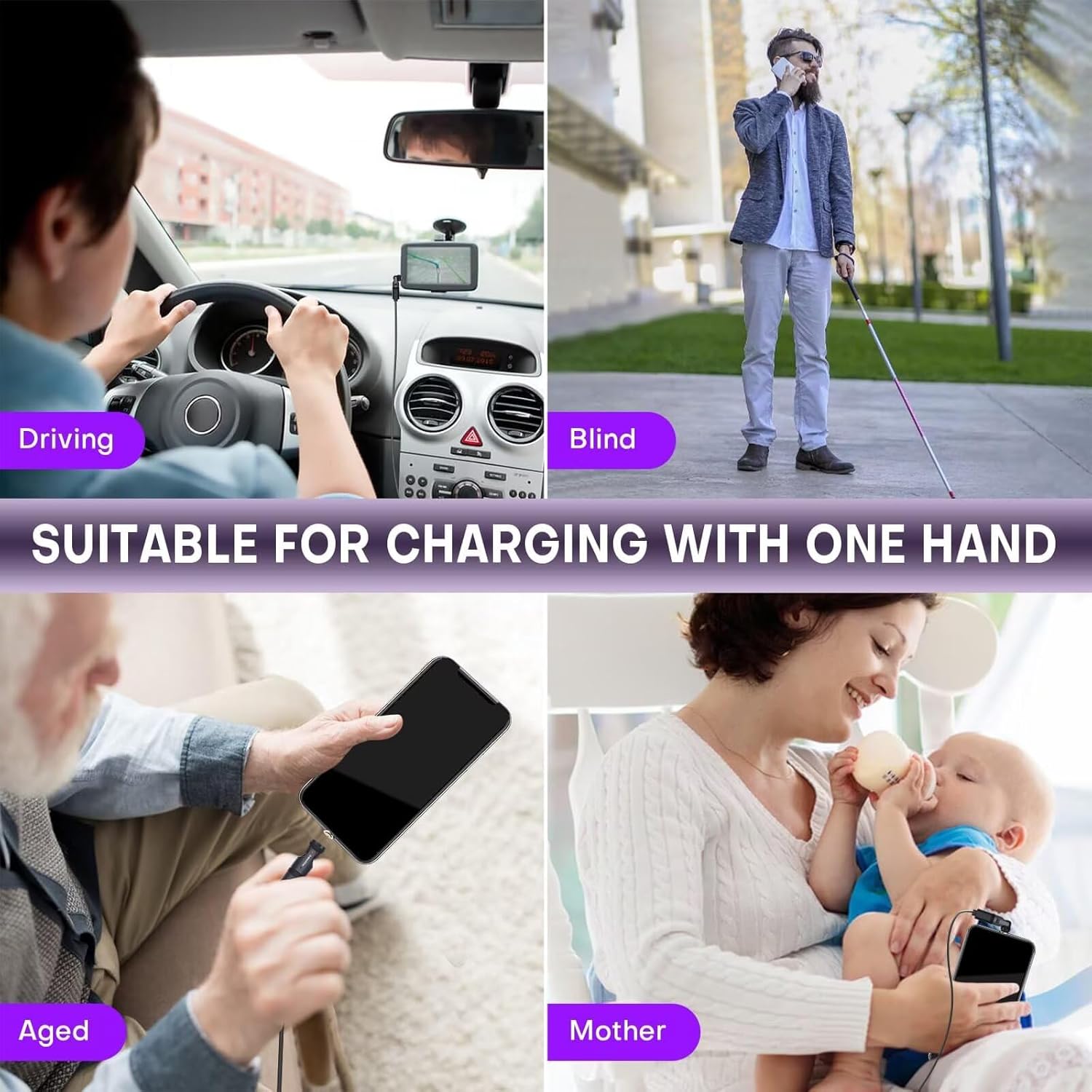 USB C Magnetic Adapter 240W, Can Be Type-C Cord Into Right Angle Magnetic USB C Charging Cable, Magnet Charger USBC 90 Degree Adapter 180 OTG Tips for iPhone 17/16/15 Tablet(4 Pack Purple)