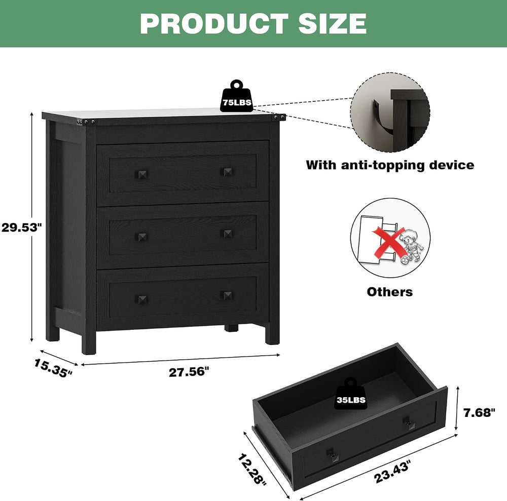 Xixini Farmhouse Nightstand with 3 Storage Drawers, 27.55" Wide Wood Bed...