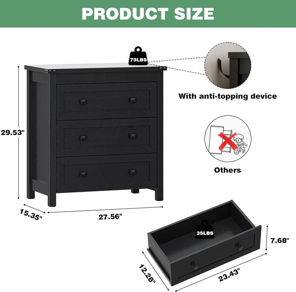 Dresser for Bedroom with 3 Drawers, 27.55" Wide Small Chests of Drawers, Farmhouse Wood Nightstand Bedside Cabinet End Table, Modern Closet Storage Organizer for Living Room, Entryway, Hallway, Black