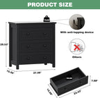 Dresser for Bedroom with 3 Drawers, 27.55" Wide Small Chests of Drawers, Farmhouse Wood Nightstand Bedside Cabinet End Table, Modern Closet Storage Organizer for Living Room, Entryway, Hallway, Black
