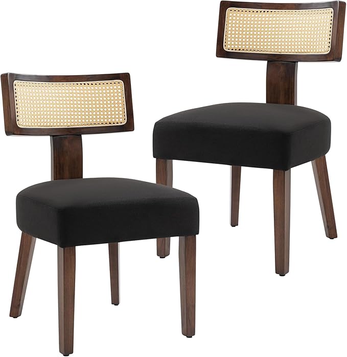 Upholstered Rattan Dining Chairs Set of 2, Mid-Century Modern Fabric Dining R...
