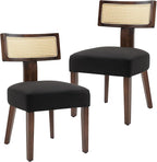 Upholstered Rattan Dining Chairs Set of 2, Mid-Century Modern Fabric Dining Room Chairs with Brown Hardwood Frame, Curved Backrest Kitchen Armless Accent Chairs for Living Room (Black)