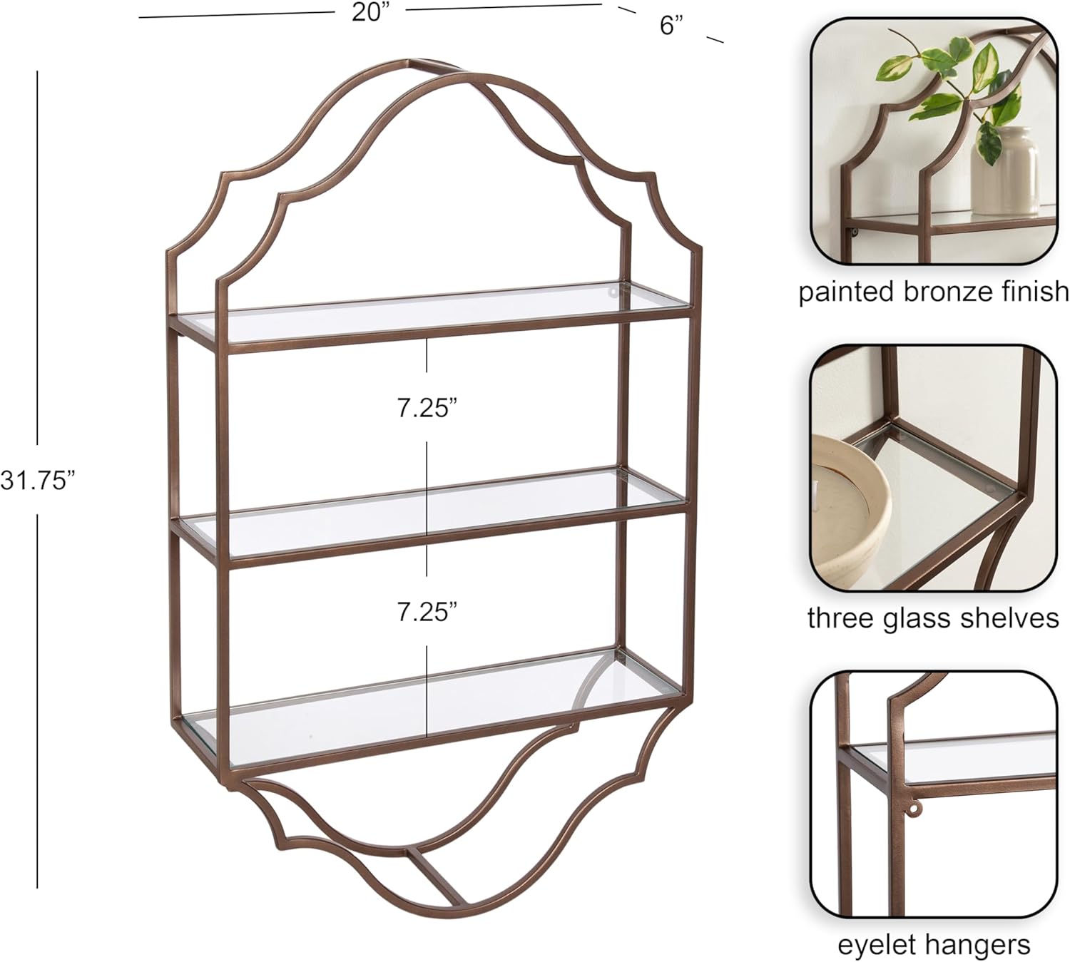 Kate and Laurel Leanna Scalloped Three-Tiered Wall Shelf, 20 x 6 x 32, Bronze, Decorative Floating Shelf Storage and Wall Organizer for Bathroom Over Toilet Storage or Display